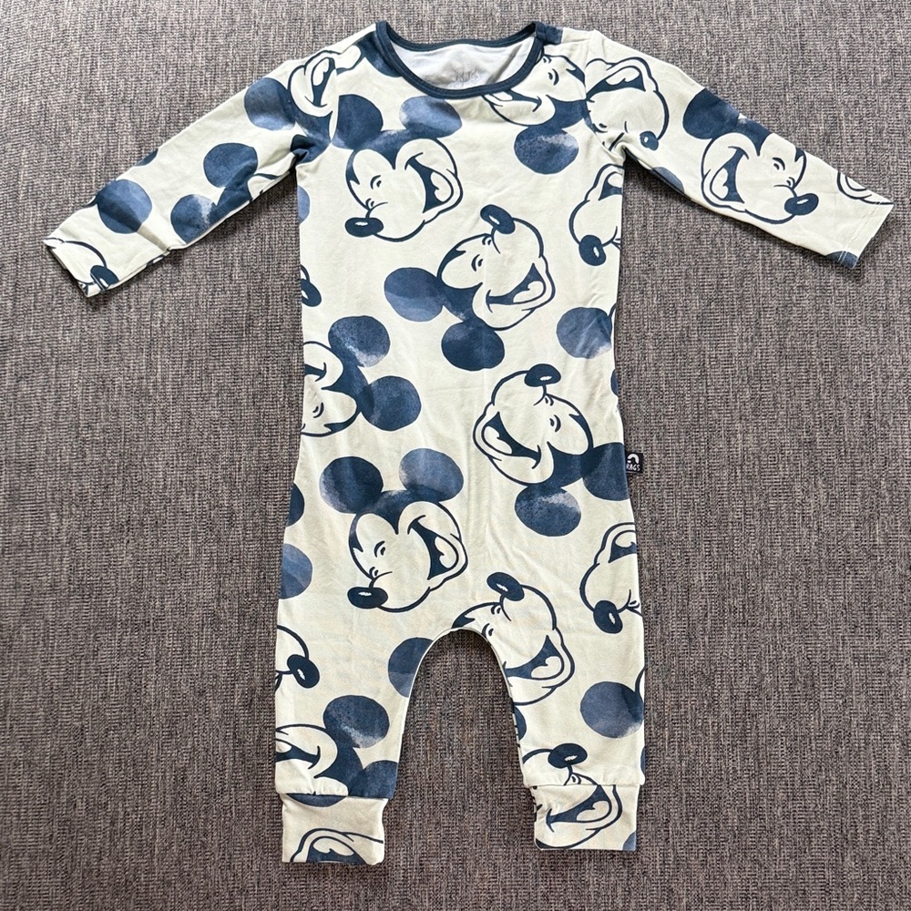 Rags to Raches Cream and Navy Mickey Print One-Piece Footie